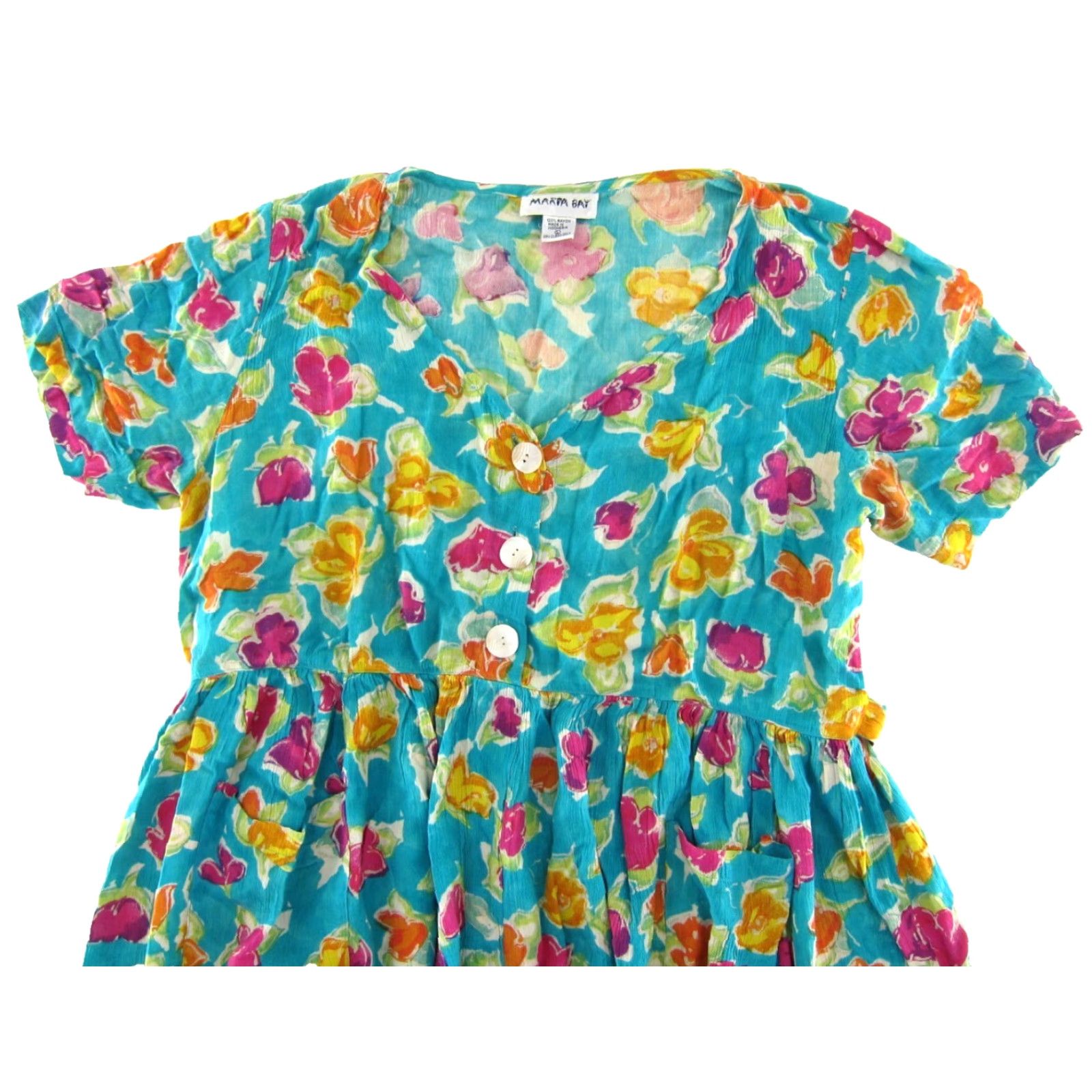 Vintage VINTAGE Marta Bay Dress L Blue Pink Yellow Green Floral Pocket Smock Size L / US 10 / IT 46 - 4 Thumbnail