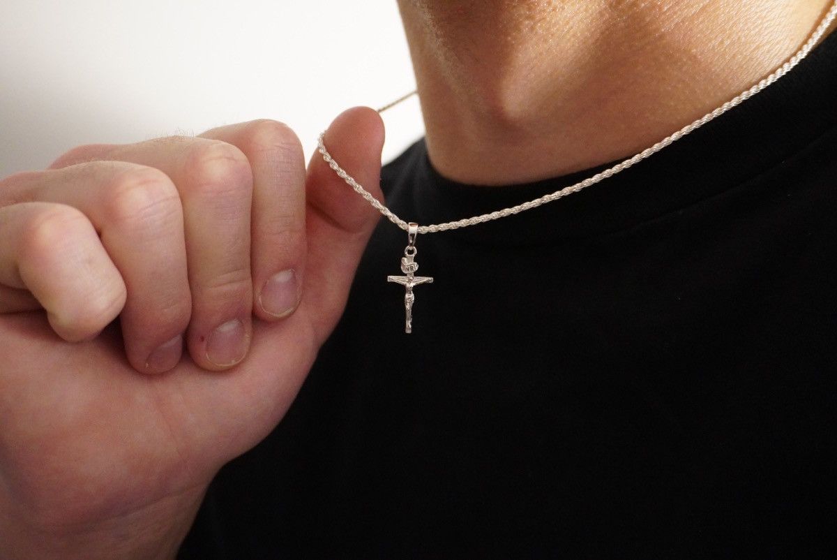 Jewelry Solid .925 Sterling Silver Rope Chain And Cross Set 2mm 18” Size ONE SIZE - 1 Thumbnail