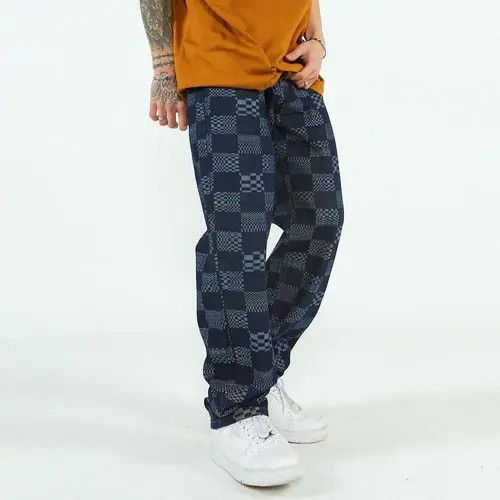 Check Pattern Blue Denim Jeans