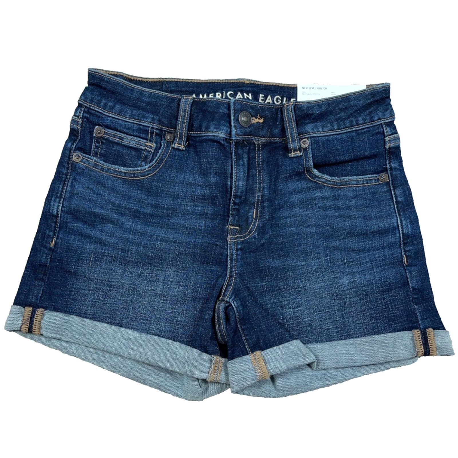 American Eagle Outfitters VINTAGE? No. Actually: American Eagle Shorts Women 0 Midi Cut Off Cuffed Dark Wash Faded Stretch 25W Size 25" / US 0 / IT 36 - 2 Thumbnail