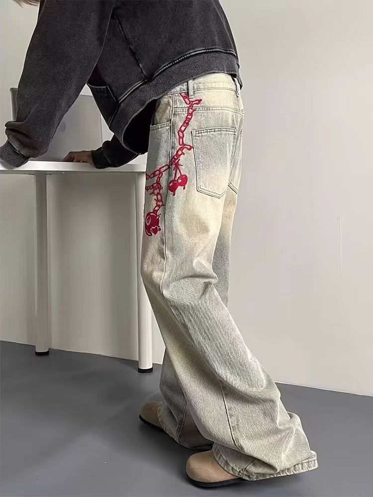Japanese Brand × Jean Washed and Aged Red Chain Embroidered Street Jeans Size US 32 / EU 48 - 2 Thumbnail