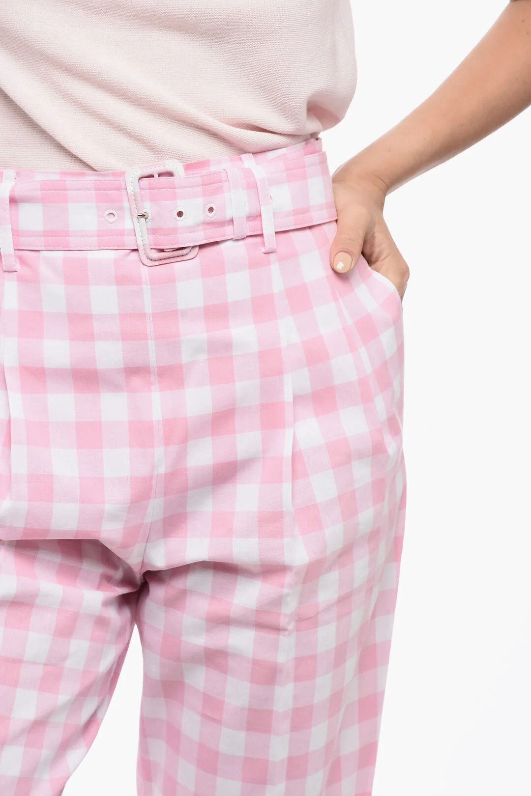 Prada og1mm0426 One-Pleat Vichy Cotton Pant in Pink Size 26" / US 2 / IT 38 - 3 Thumbnail