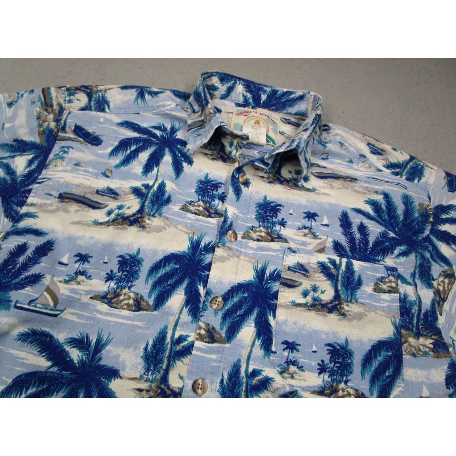 Paradise Vintage Paradise of The Pacific Men's Blue Short Sleeve Button-Up Shirt – Geometric Tropical Boat Design, Made in USA, Size M Size US M / EU 48-50 / 2 - 2 Thumbnail