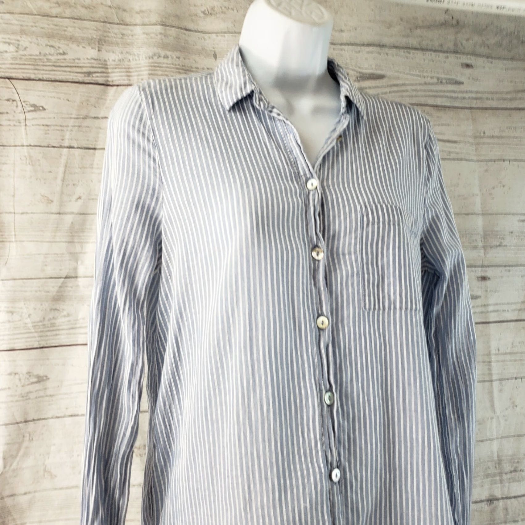 Vintage Beach Lunch Lounge Womens Button Front Top XS Blue White Striped Cotton Shirt Tunic Long Sleeve Casual Vintage: No Size XS / US 0-2 / IT 36-38 - 2 Thumbnail