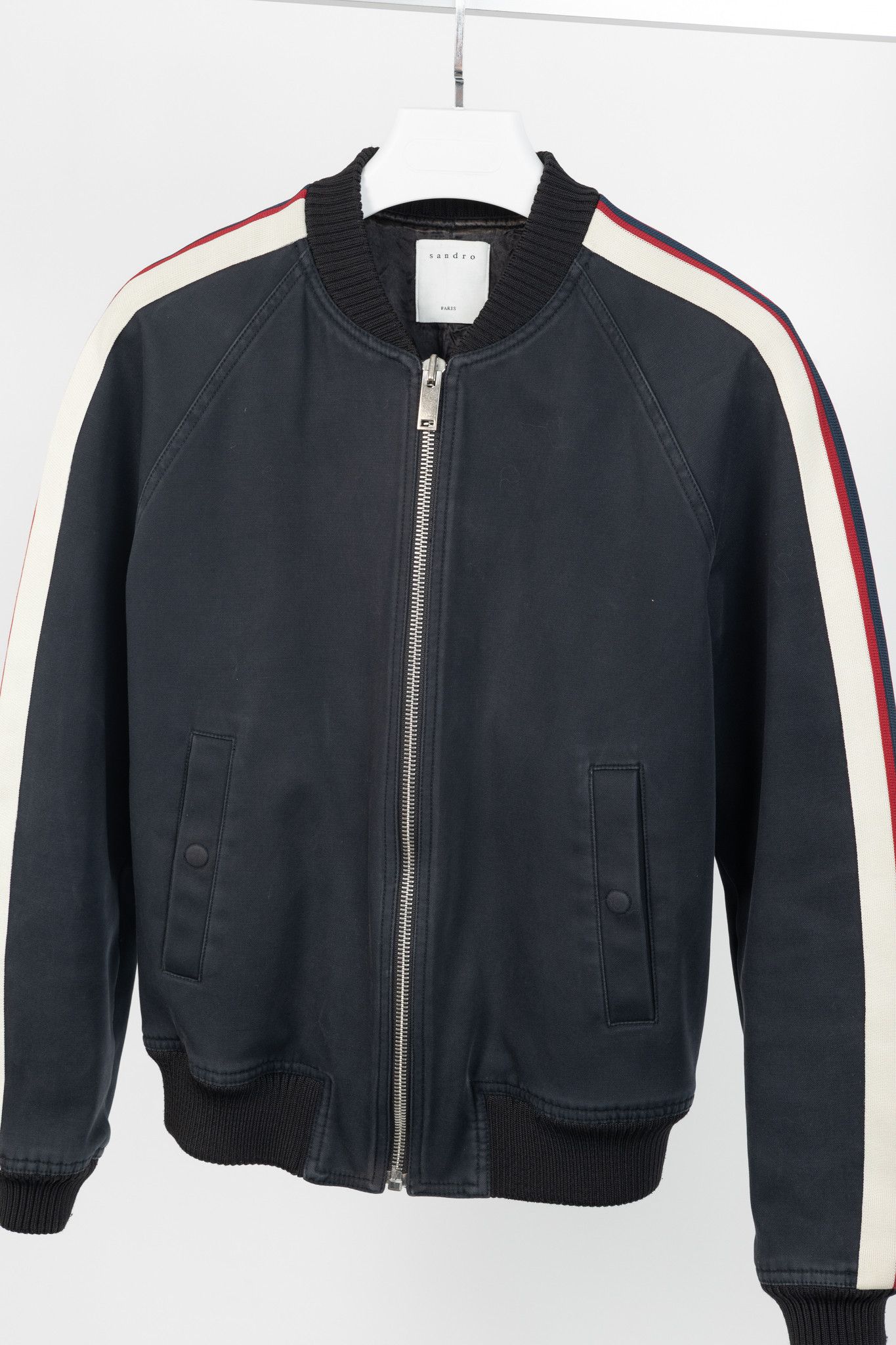 Sandro Sandro Navy Blue Striped Sleeve Bomber Jacket Size US L / EU 52-54 / 3 - 3 Thumbnail
