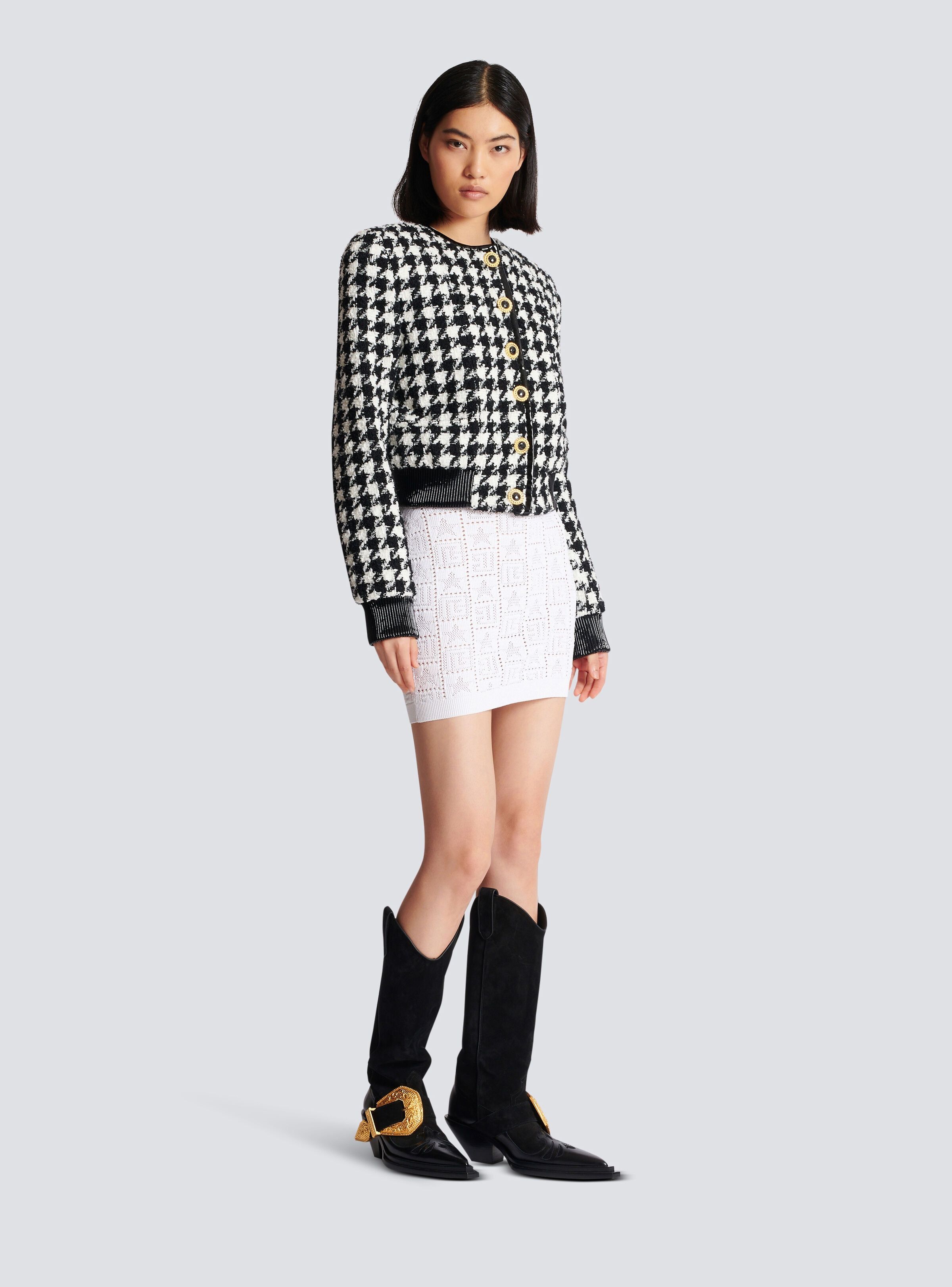 Balmain o1s1wg110825 Houndstooth Tweed Jacket in Black/White Size XL / US 12-14 / IT 48-50 - 5 Thumbnail
