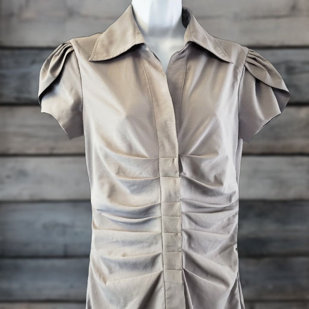 Vintage Dzhavael Couture Womens Dress Solid Gray Short Sleeve Button Front Size Small Knee Length Dress Size 28" / US 6 / IT 42 - 1 Thumbnail