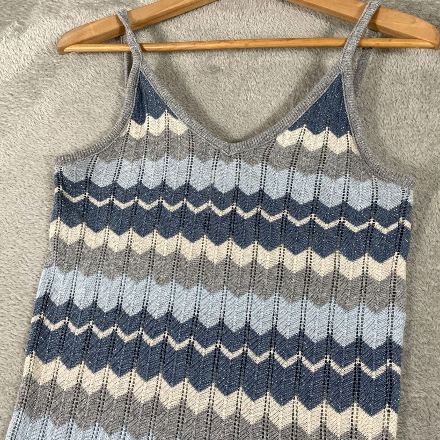Vintage VINTAGE No Boundaries Y2K Mini Dress Geometric Chevron Sleeveless V-Neck Blue Gray Metallic Women Size 12 11/13 XS? Size XL / US 12-14 / IT 48-50 - 2 Thumbnail