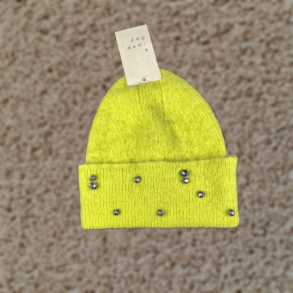Vintage A New Day Beanie Toque Women's One Size Neon Green Knit Rhinestone Polyester NEW Size ONE SIZE - 1 Thumbnail