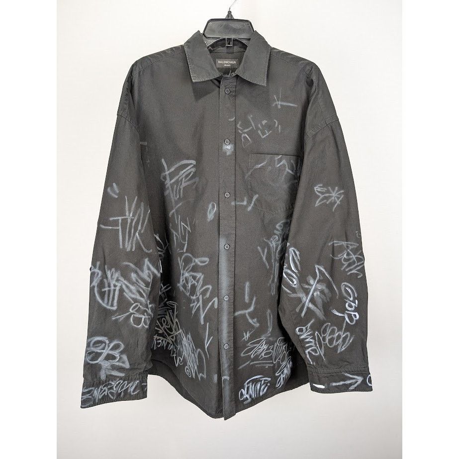 Balenciaga o1rshd1 Cotton Poplin Graffiti Oversized Shirt in Black Size US L / EU 52-54 / 3 - 1 Thumbnail