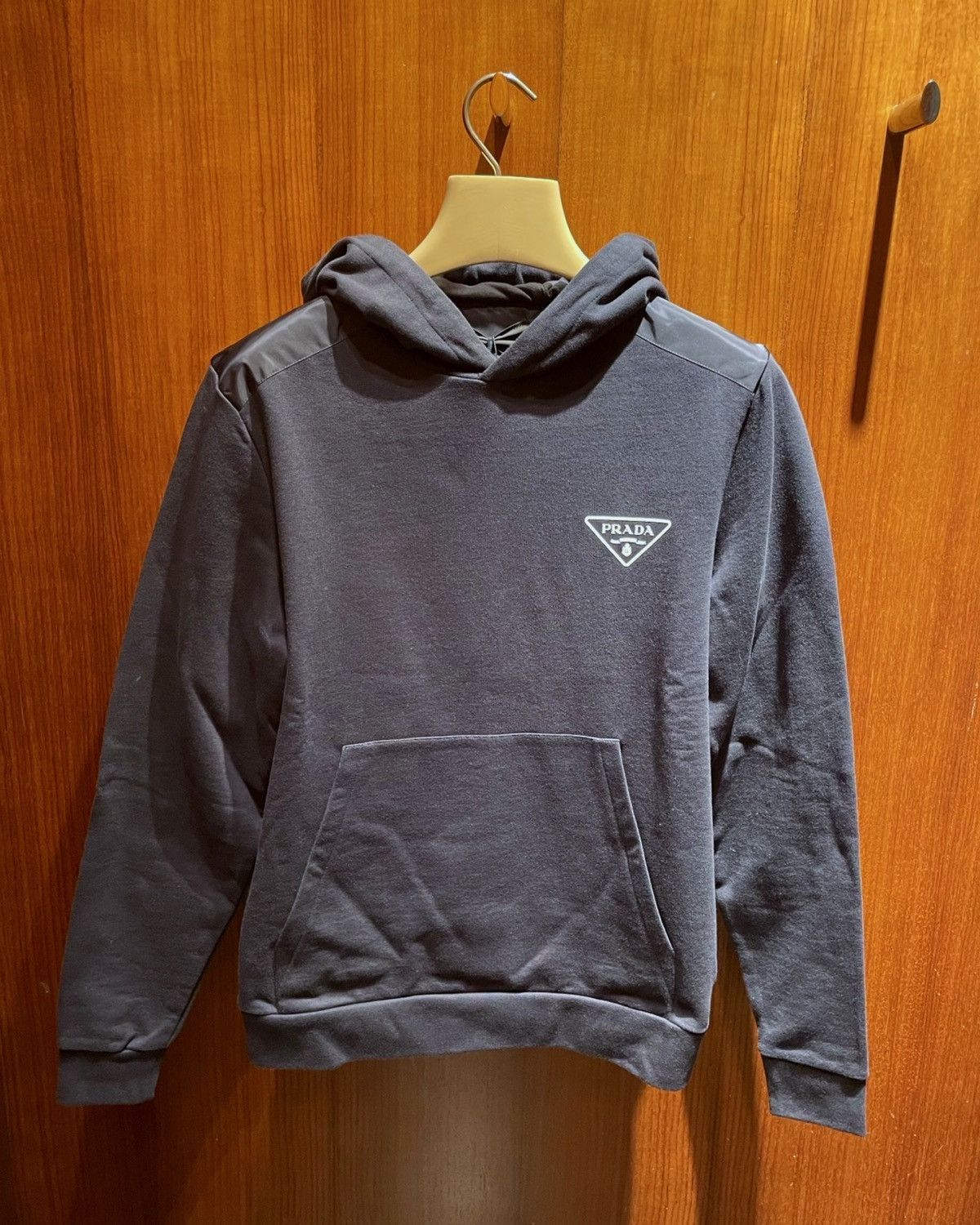 image of Prada Chest Logo Hoodie in Navy Blue, Men's (Size XL)