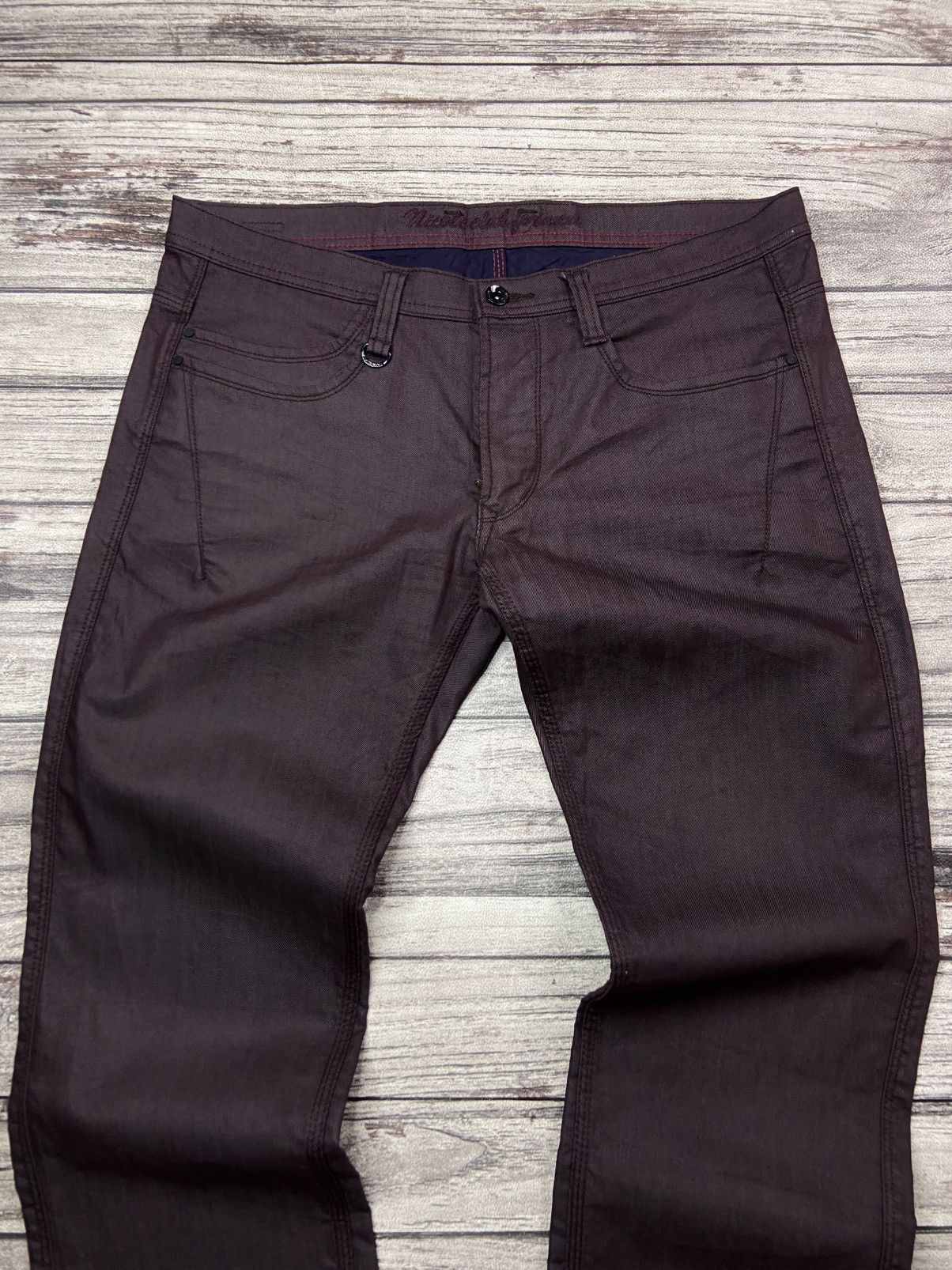 If Six Was Nine × Le Grande Bleu (L.G.B.) × Nicole Club 2000s NCFM Punk Goth Waxed Flare Pants Burgundy Avant Garde Size US 36 / EU 52 - 5 Thumbnail