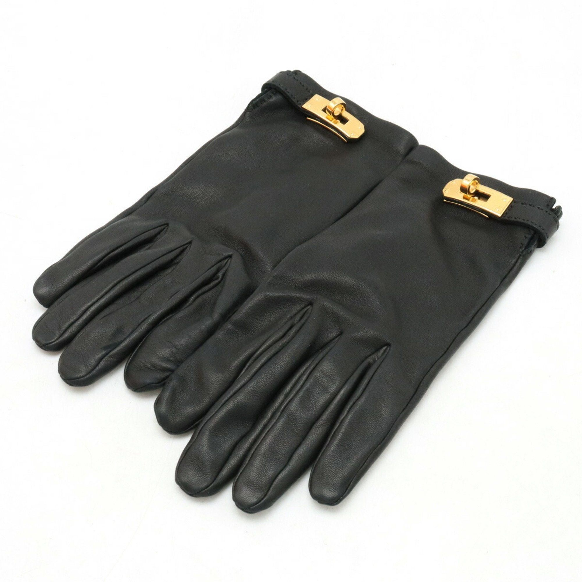 image of Hermes Kelly Gants Femme Soya Gloves Leather Black 7 Size 7, Women's