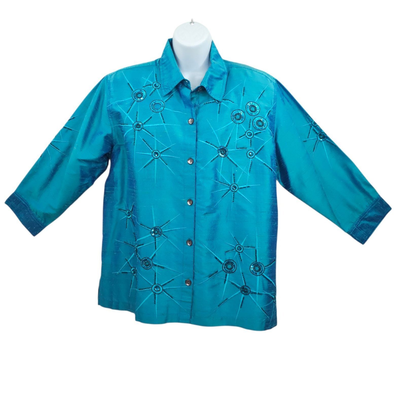 Other Bleu Bayou Silk Shirt L Starburst Sequin Cyber Y2K Whimsy Size L / US 10 / IT 46 - 1 Thumbnail