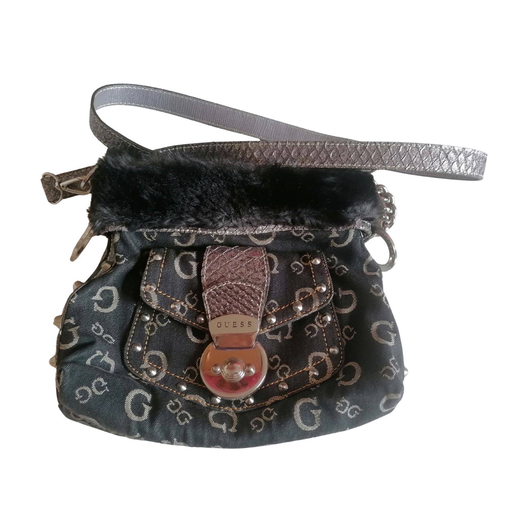 Guess Denim bag with faux fur and snakeskin pattern Size ONE SIZE - 1 Thumbnail