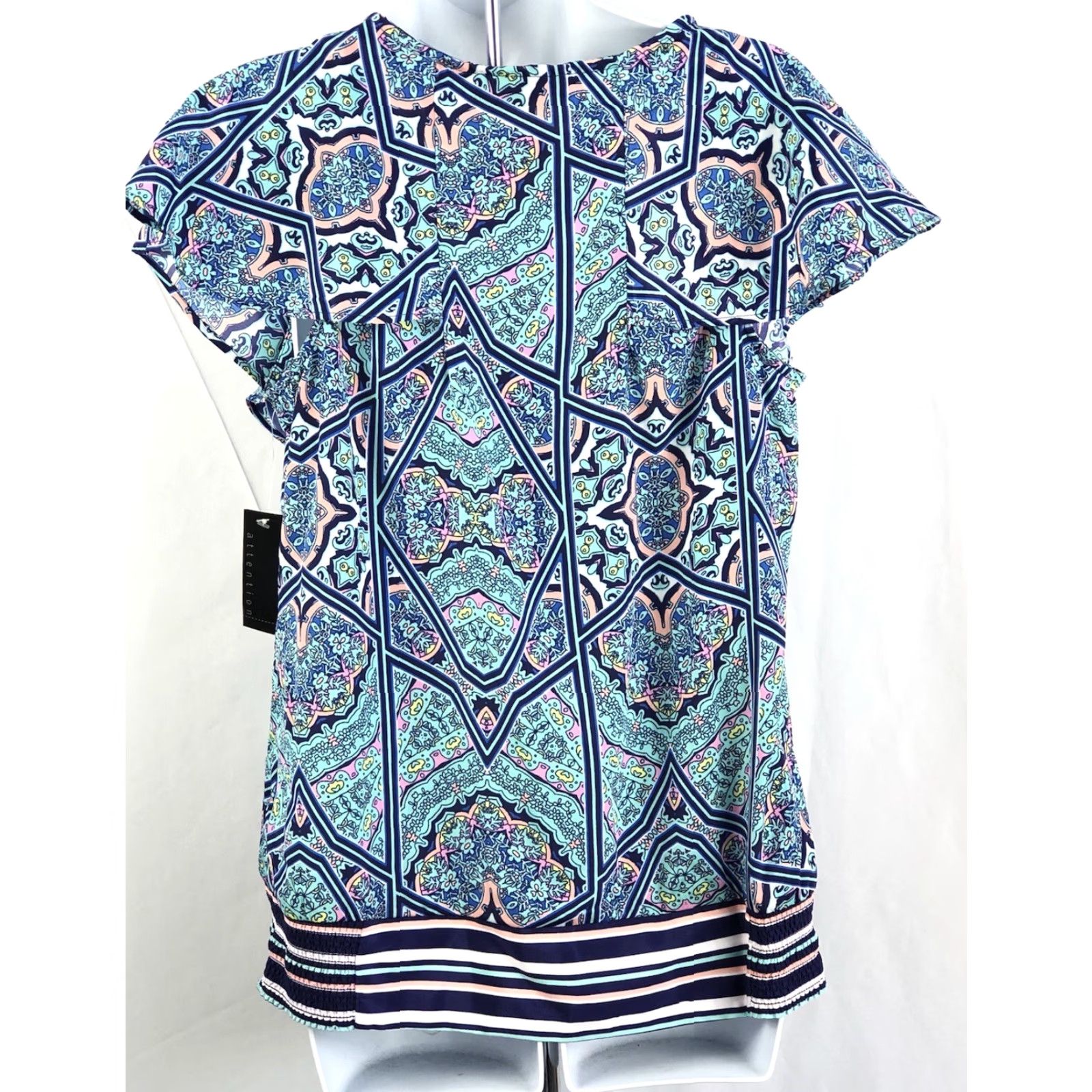 AQUA Attention Blouse Shirt M Aqua Geo Silky Flutter Cap Sleeve NWT Boho Psychedelic Ruffles Geometric Bohemian Nightwear? Size M / US 6-8 / IT 42-44 - 3 Thumbnail