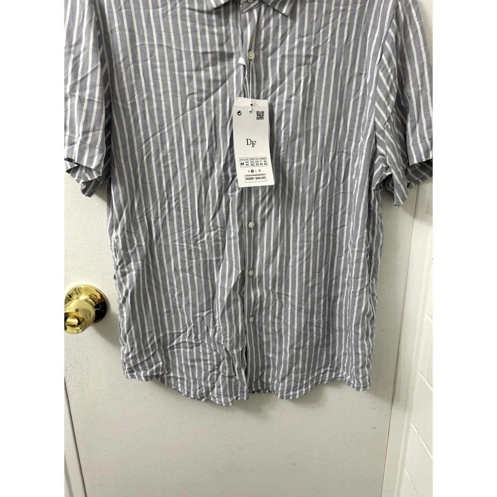 Denime Denim & Flower Ricky Singh Shirt Mens M Grey White Striped Viscose S/S NWT Size US M / EU 48-50 / 2 - 3 Thumbnail