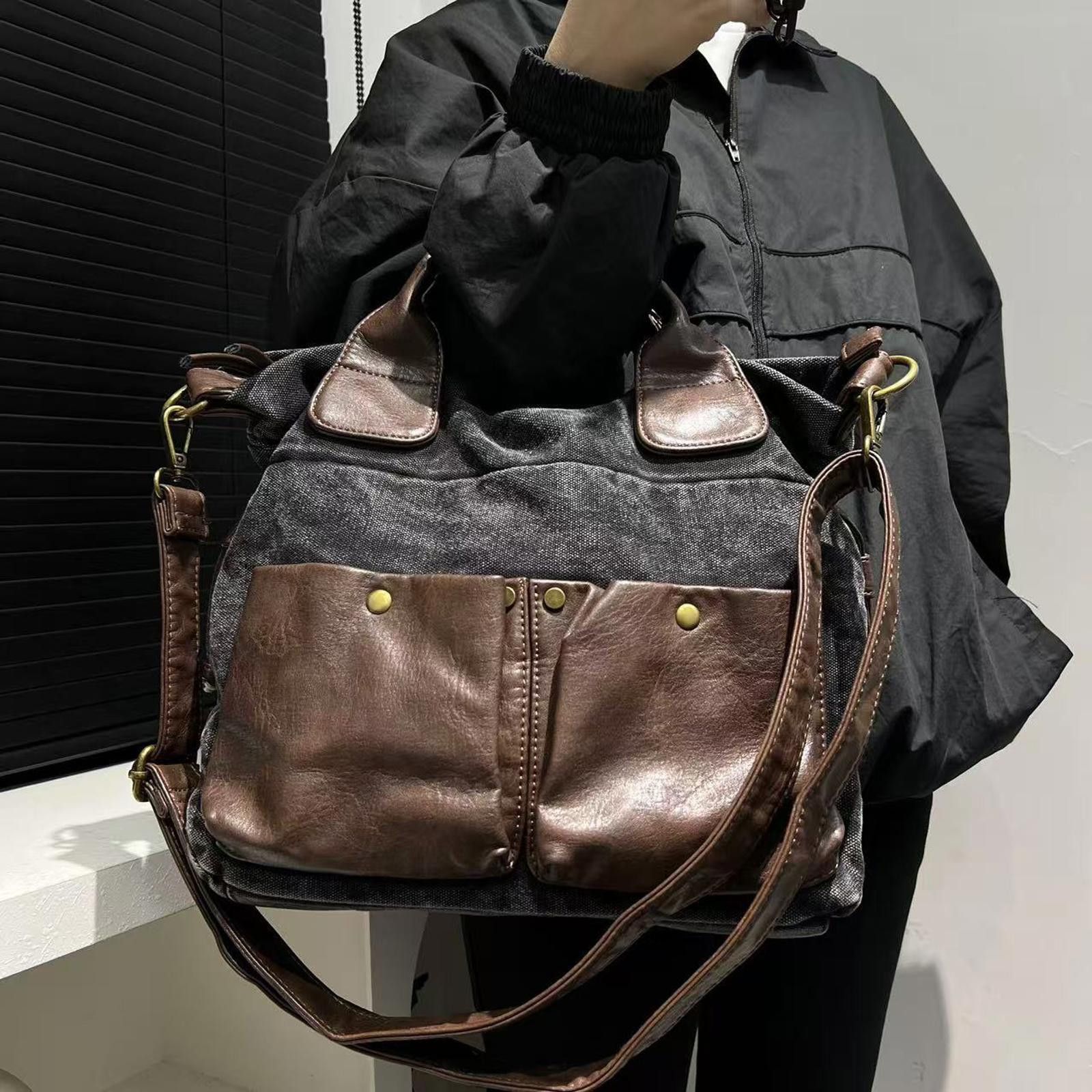 Vintage Gray Canvas Leather Pocket Handbag, Shoulder Bag Size ONE SIZE - 2 Thumbnail