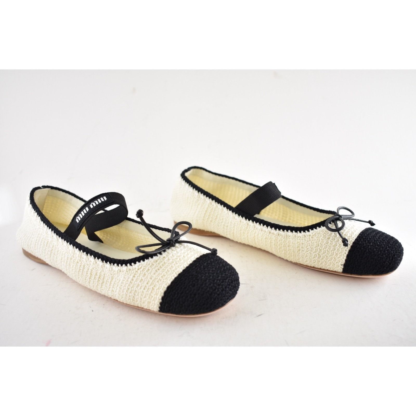 Miu Miu Miu Miu Crochet Knit Black White Bicolor Logo Strap Ballet Size US 11.5 / IT 41.5 - 4 Thumbnail