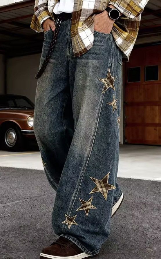 Japanese Brand Retro Star Patchwork Blue Baggy Wide Leg Size US 32 / EU 48 - 3 Thumbnail