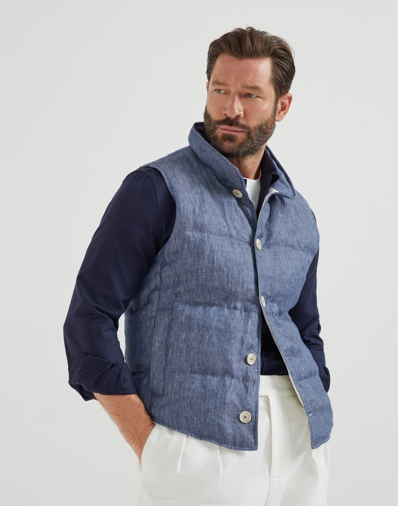 Brunello Cucinelli o1gr1nt0525 Padded Linen Vest in Denim Blue Size US S / EU 44-46 / 1 - 1 Thumbnail