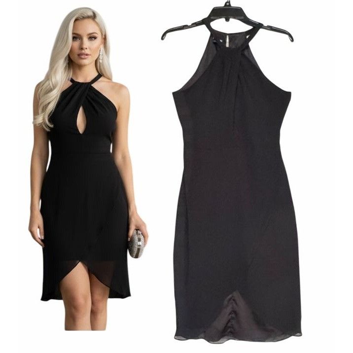 Bebe ⭐Bebe Sz 4 Black Halter Dress Scalloped Twist Chiffon Tulip Size S / US 4 / IT 40 - 1 Thumbnail