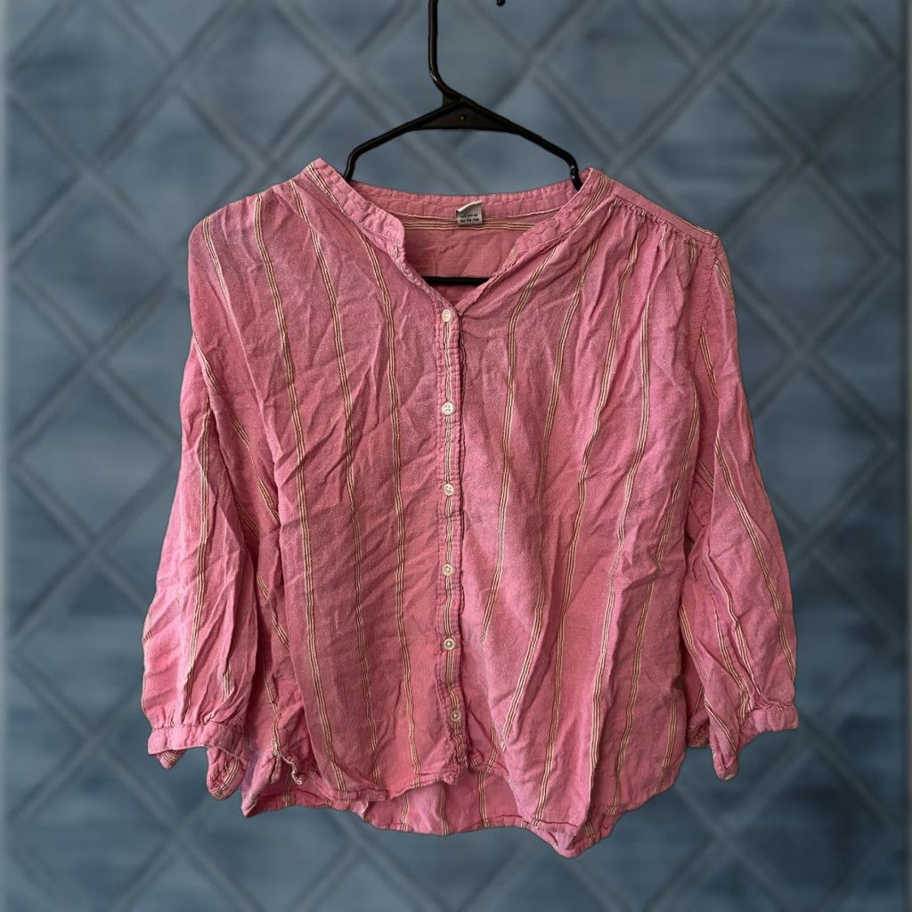Old Navy OLD NAVY Women Blouse Small Pink White Striped Long Sleeve V-Neck Machine Washable Size S / US 4 / IT 40 - 1 Thumbnail
