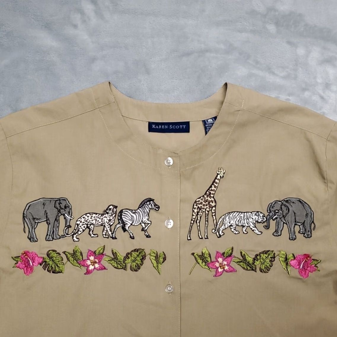 Vintage Karen Scott Shirt Women M Brown African Safari Animals Embroidered Cottage Core Vintage Button-Up Short Sleeve Denim? Size M / US 6-8 / IT 42-44 - 3 Thumbnail