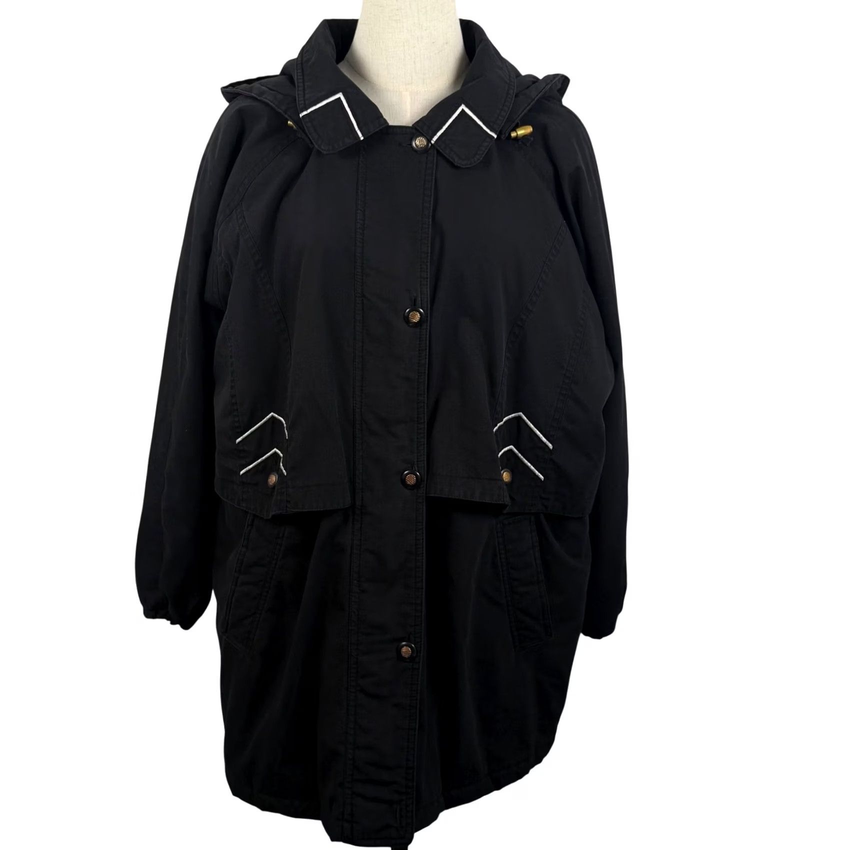 Basic Editions VINTAGE Basic Editions Parka Jacket XL Black Quilted Lined Removable Hood Utility Chevron Embroidered Zipper Button Drawstring Pockets Mid-Length Size XL / US 12-14 / IT 48-50 - 2 Thumbnail