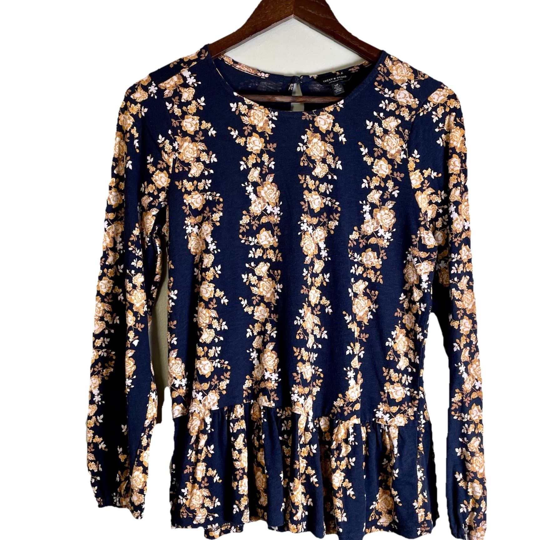Lucky Brand Lucky Brand Blouse Top Floral Knit Peplum Blue Tan White Sleeves Long Casual Workwear Boho Hippie Bohemian Size S Womens Size S / US 4 / IT 40 - 2 Thumbnail