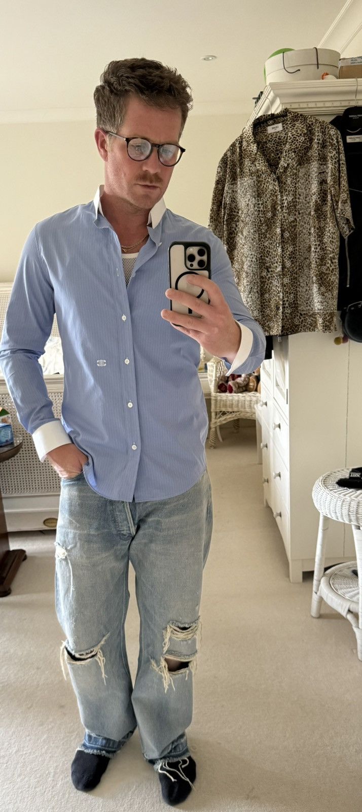 Celine × Hedi Slimane SS24 Celine Triomphe logo blue stripe shirt Hedi sample 39 Size US M / EU 48-50 / 2 - 2 Thumbnail