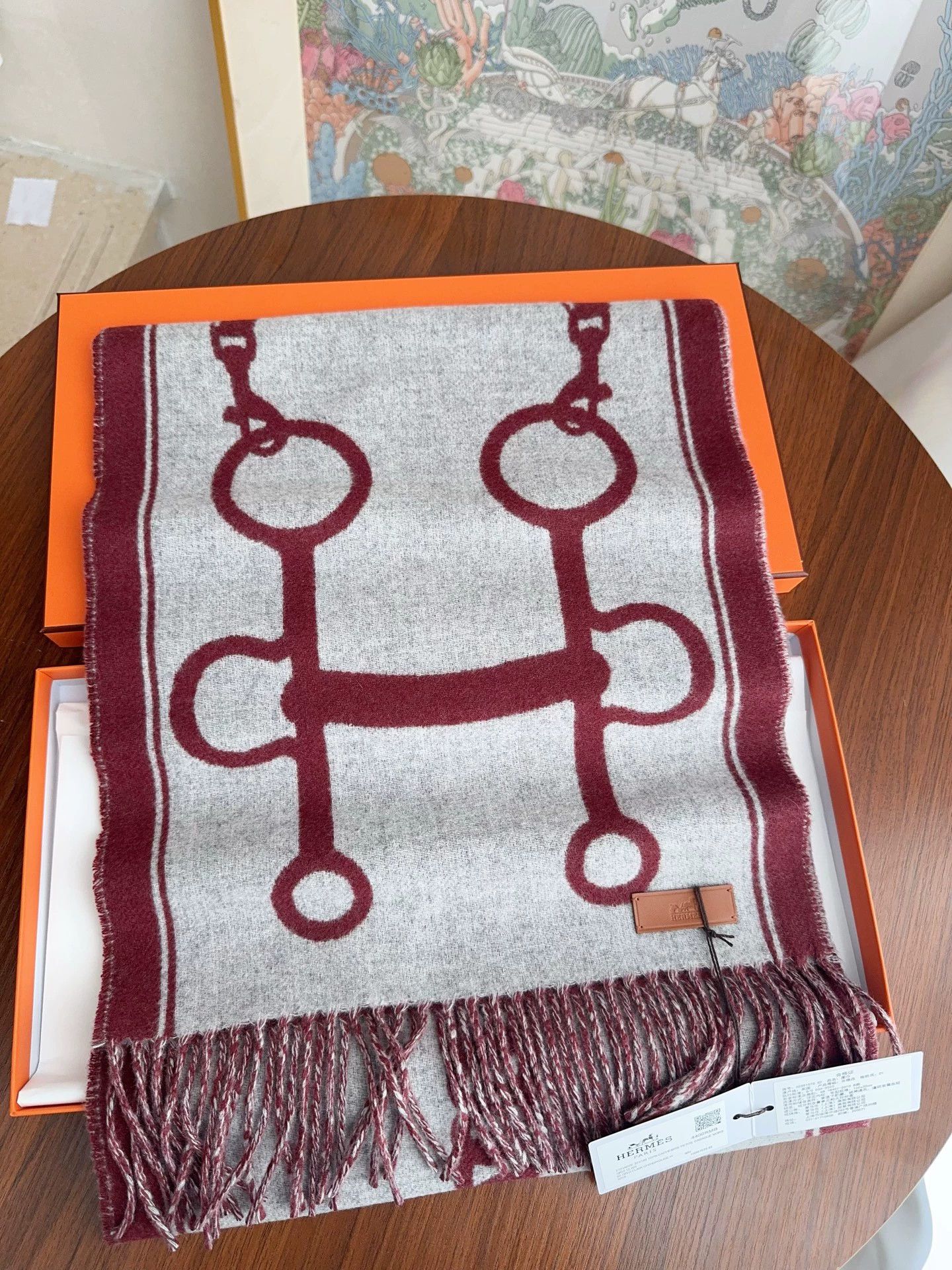 Hermes Hermes Casaque Mors cashmere light gray/Hermes red 30x160cm Size ONE SIZE - 5 Thumbnail