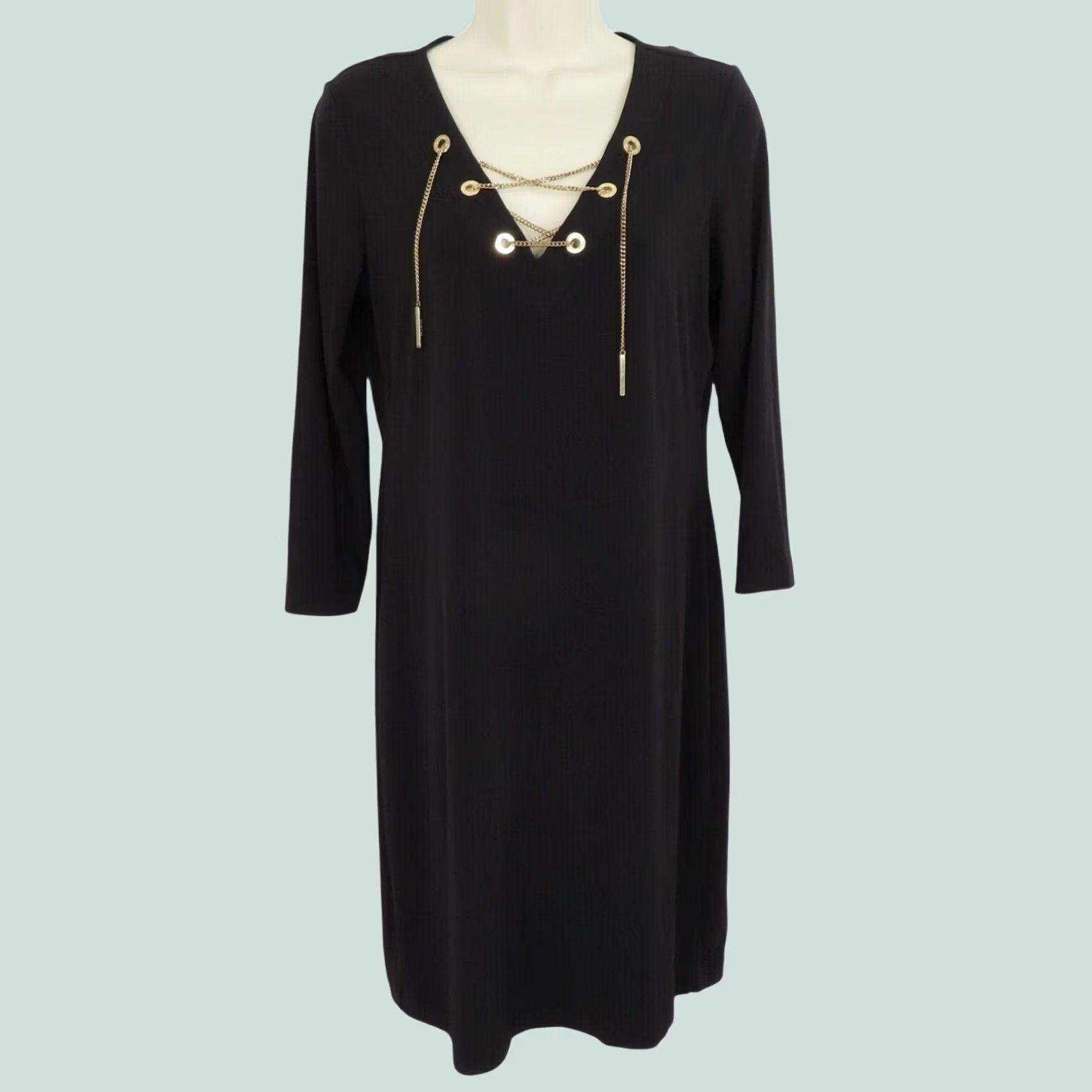 calvin klein black dress with gold chain Calvin Klein Womens 8 Solid Long Sleeve V Neck Metal Shirt Party Collaboration Picks