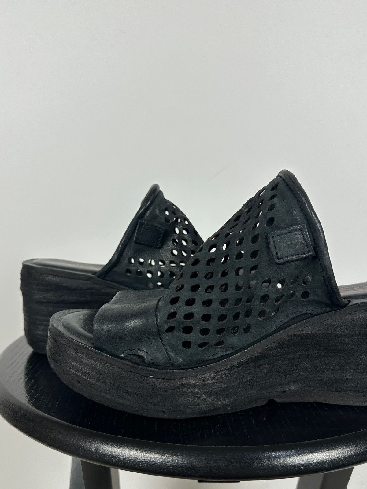 A.S.98 A.S.98 Black Perforated Leather Platform Slide Mules Sandals Size US 7 / IT 37 - 20 Thumbnail