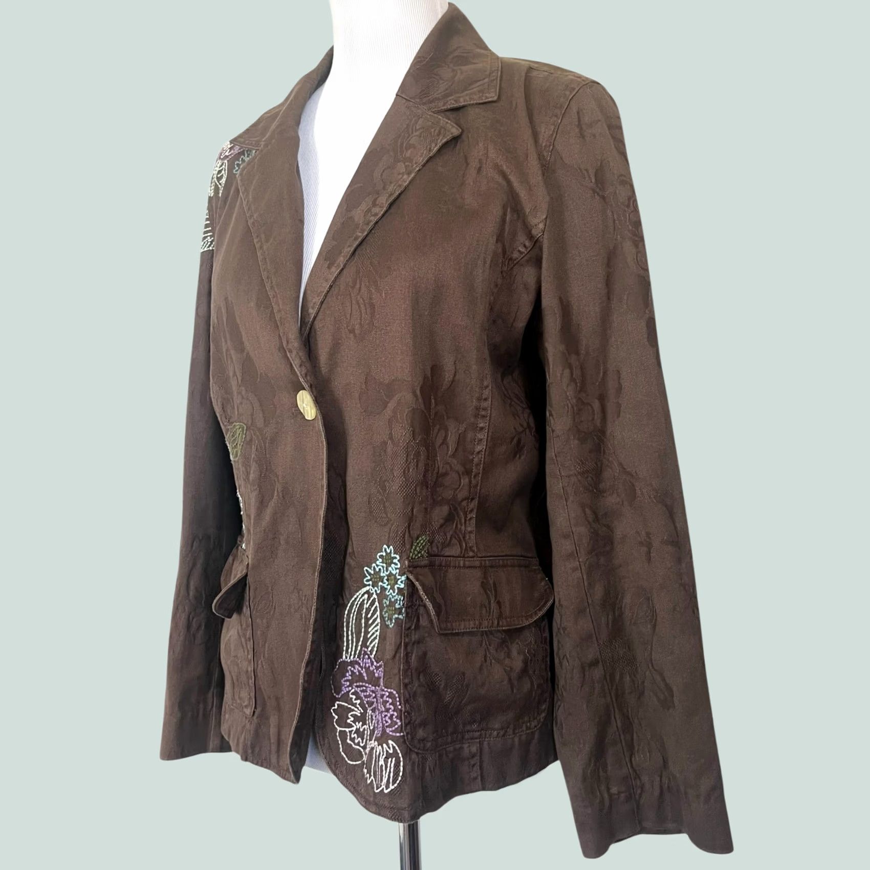 J. Jill J.Jill Blazer Brown Jacquard Embroidered Floral One-Button Cotton Size M Women's Jacket Size M / US 6-8 / IT 42-44 - 1 Thumbnail