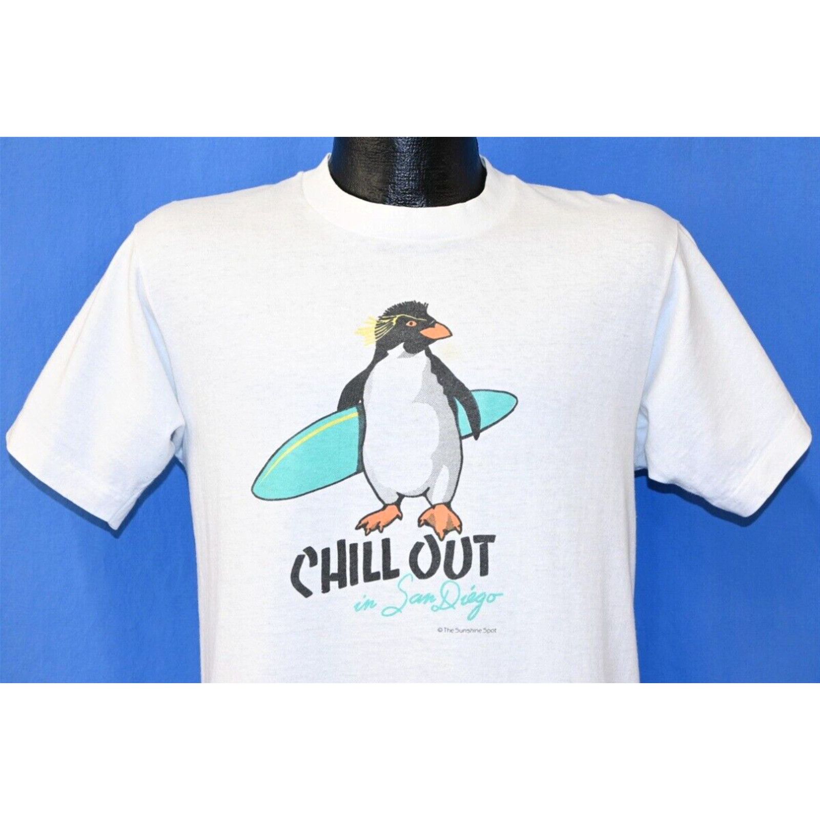 image of Fruit Of The Loom VTG 90's Chill Out San Diego California Surf Penguin Rockhopper Surfing T-Shirt M