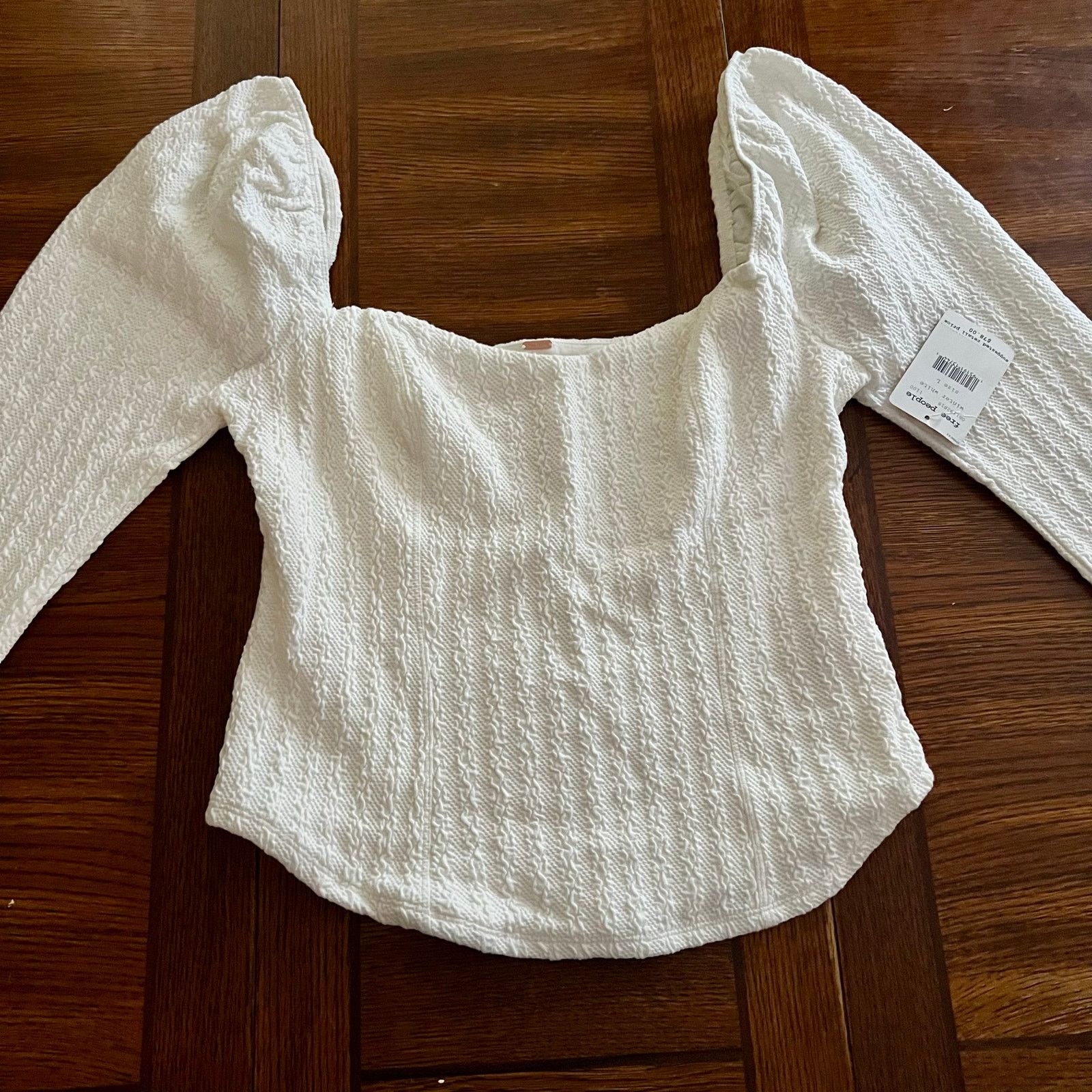 Free People NWT FREE PEOPLE Brittany White Ribbed Puff Sleeve Top Large Size L / US 10 / IT 46 - 14 Thumbnail