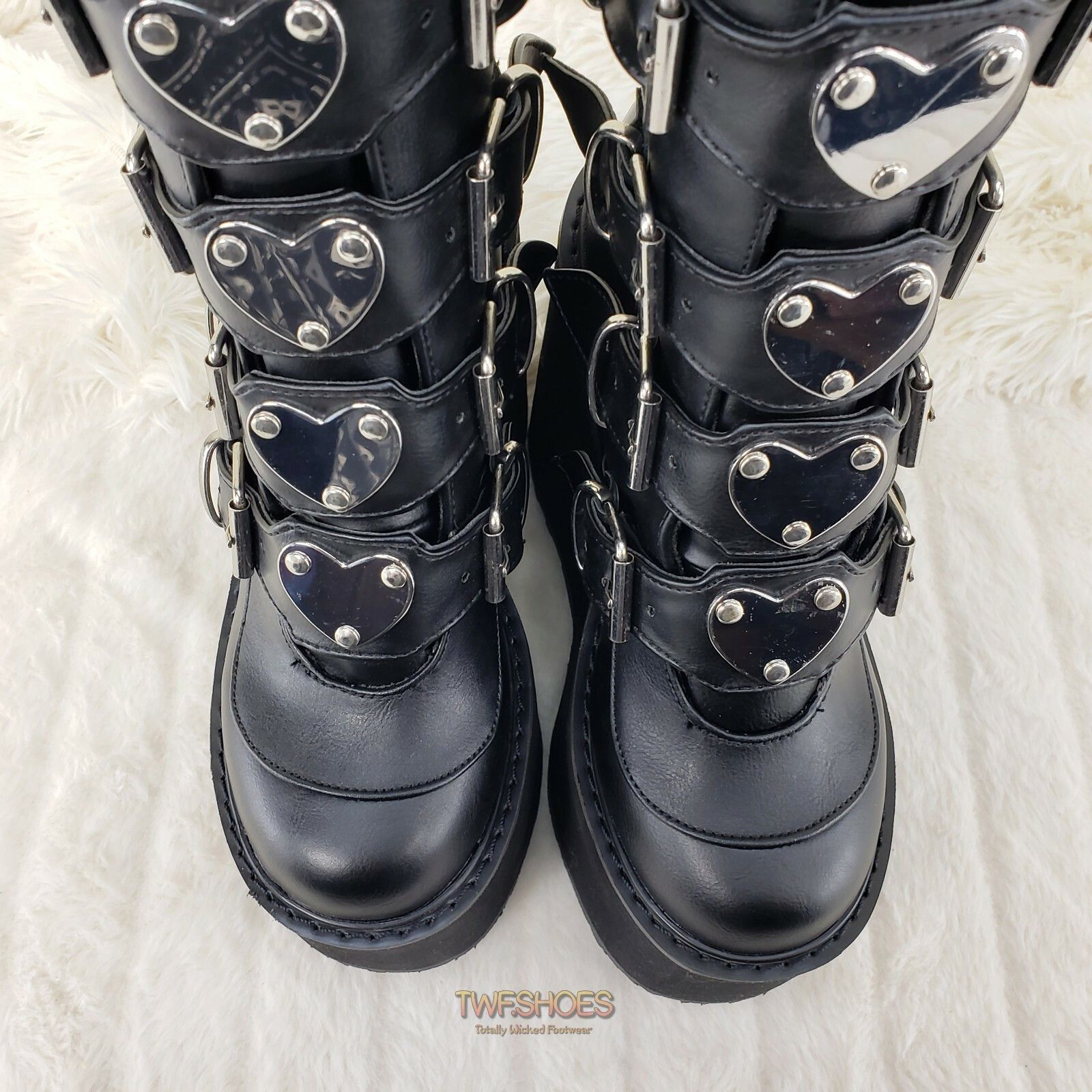Demonia Cult DEMONIA Swing 230 Black Mid Calf Boot 5.5" Platform Heart St Size US 12 / IT 42 - 9 Thumbnail