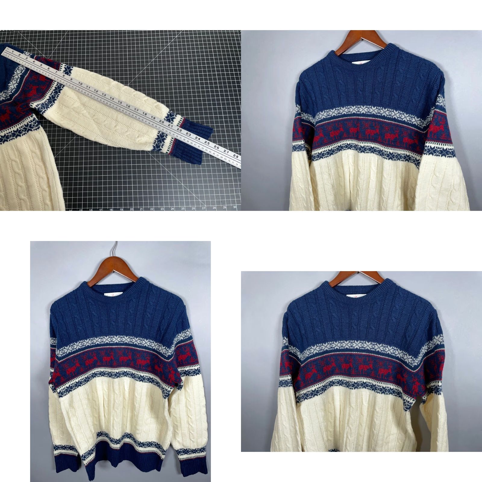 Jantzen VINTAGE 60s Jantzen Reindeer Cable Knit Sweater Men's Medium Winter Ivory Blue Retro Ski Size US M / EU 48-50 / 2 - 8 Thumbnail