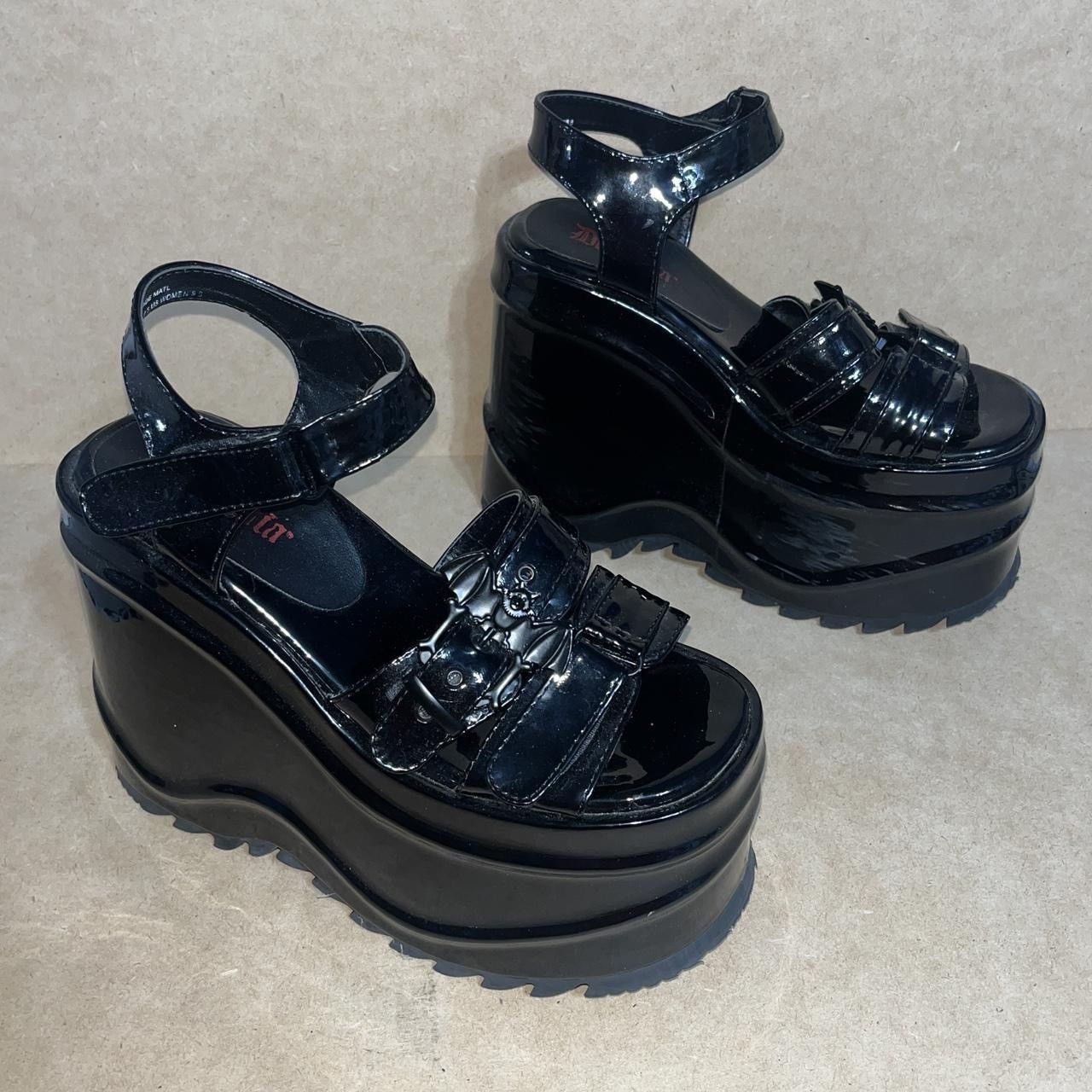 Demonia Wave 13 Goth Bat Buckle Sandals Shoes shiny Black