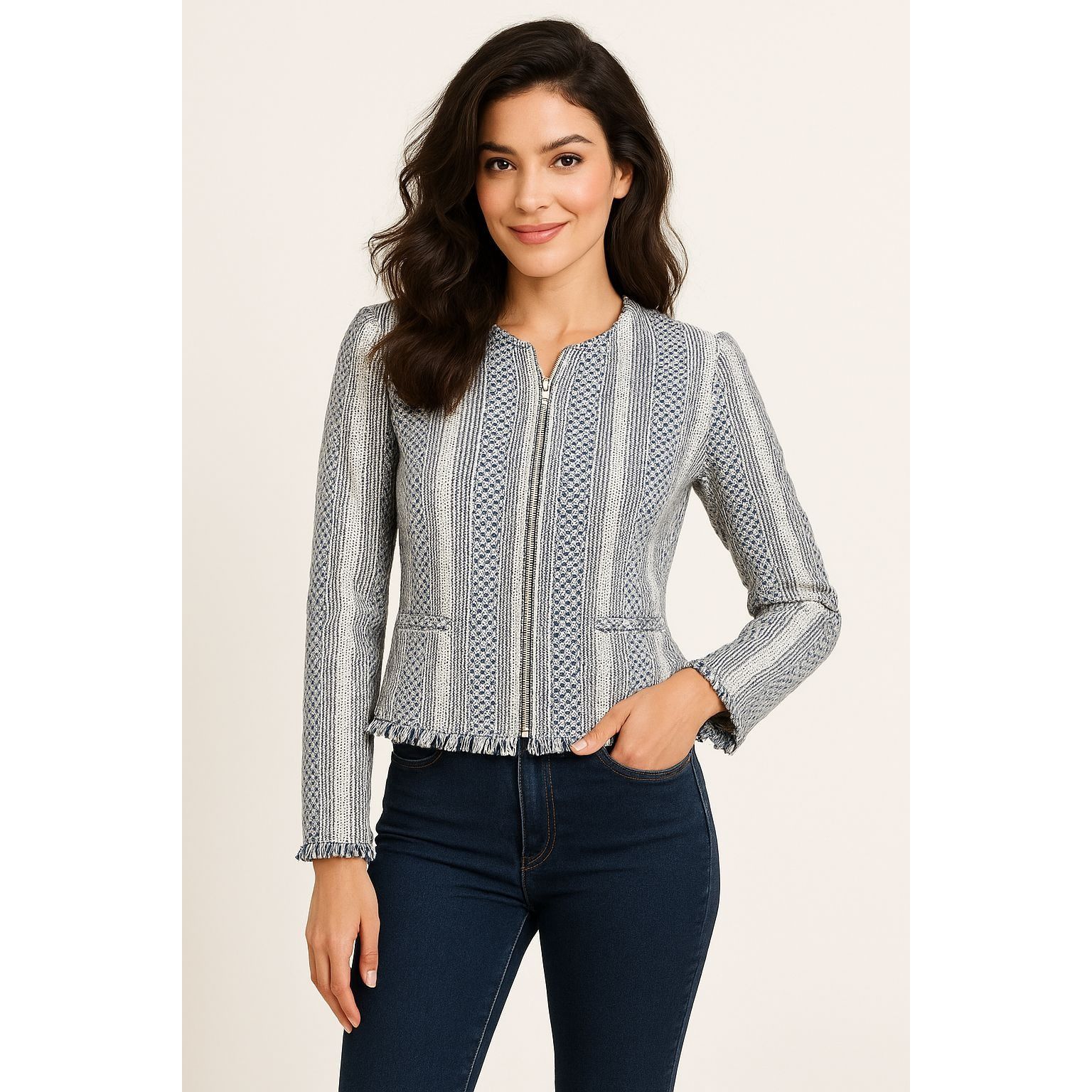 Other Adrienne Vittadini Small Woven Cotton Fringe Tweed Zip Jacke Size S / US 4 / IT 40 - 1 Thumbnail