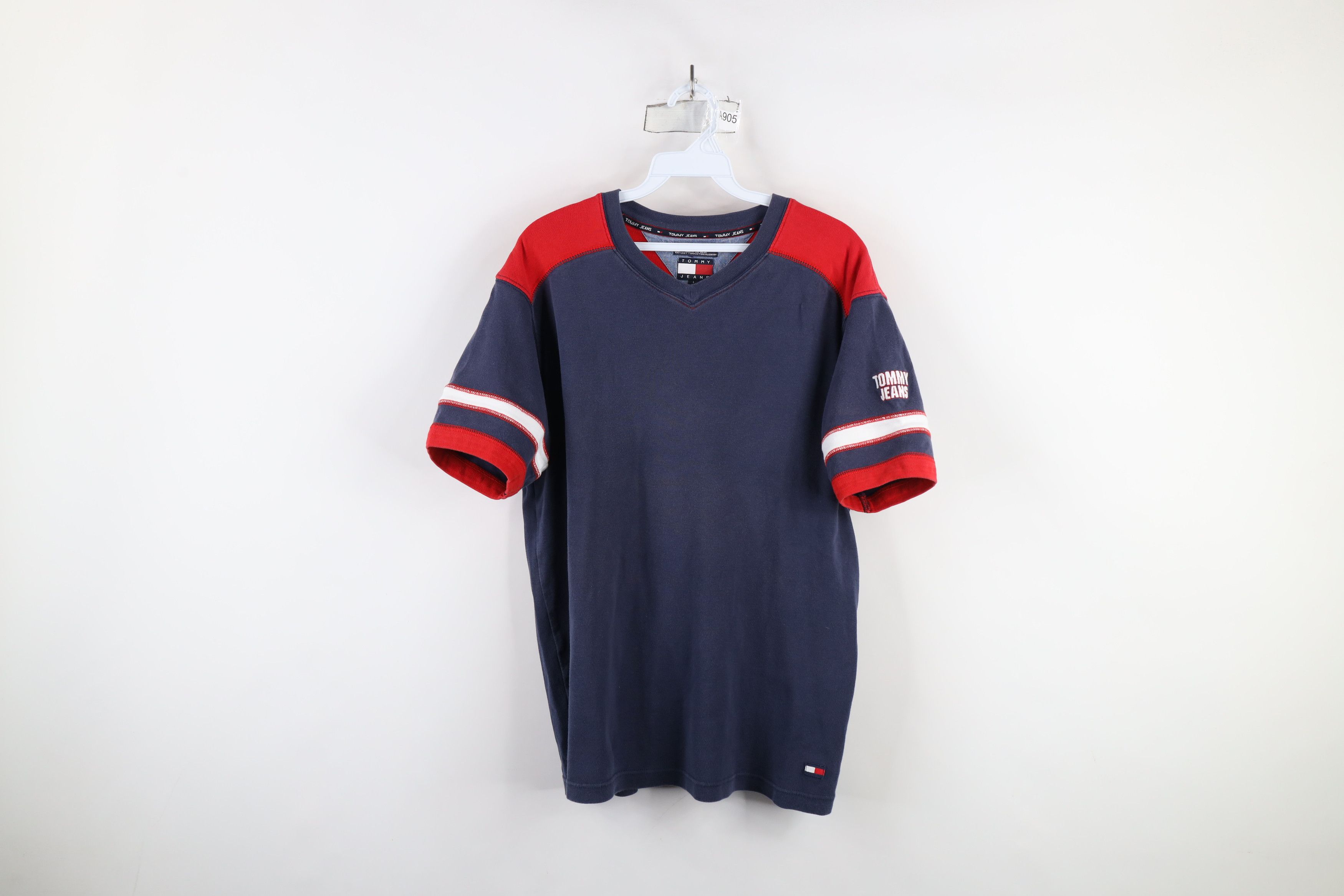 Tommy Hilfiger × Vintage Vintage 90s Tommy Hilfiger Spell Out Striped V-Neck T-Shirt Size US L / EU 52-54 / 3 - 1 Thumbnail