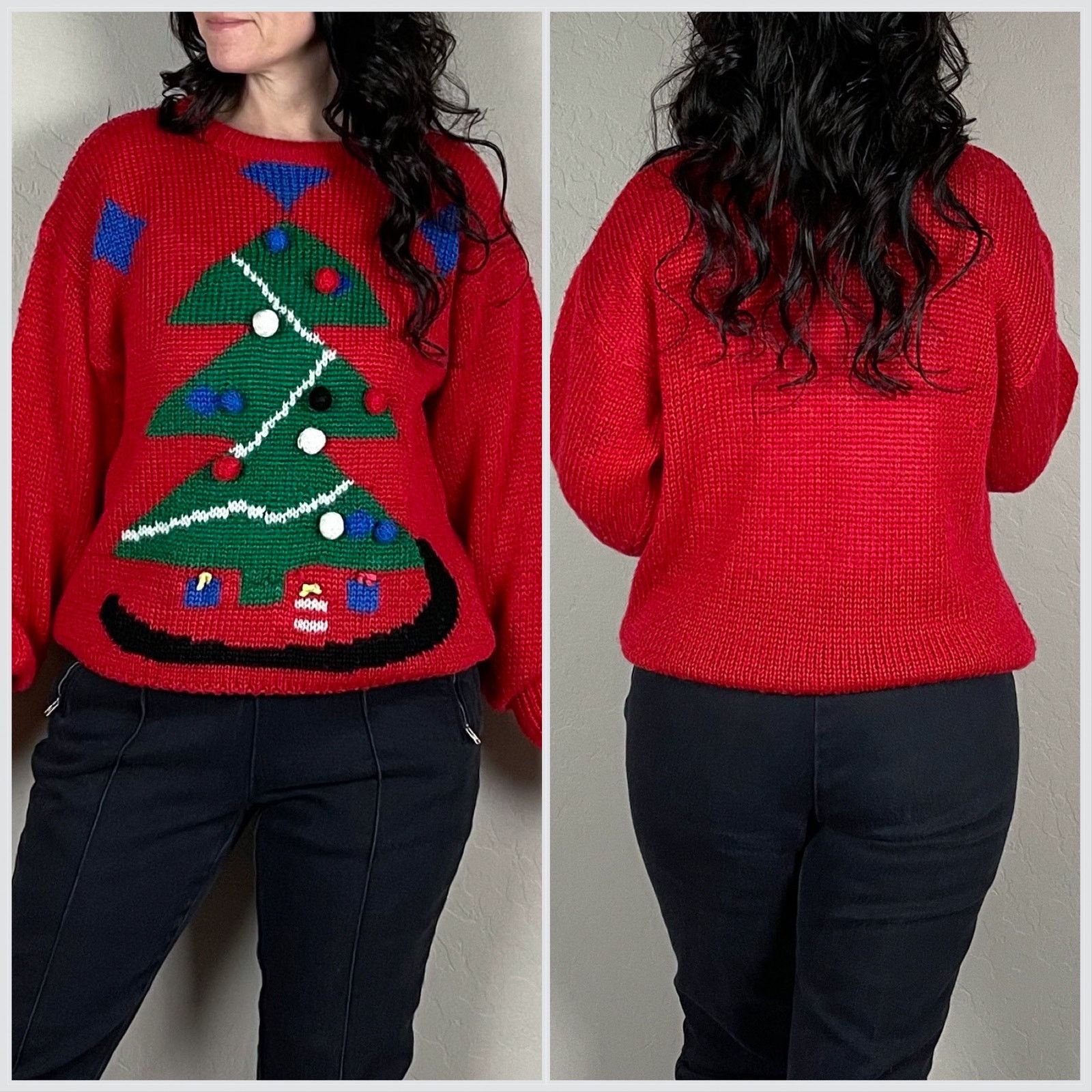 Vintage Vintage 1980s Red Christmas Tree 3D Graphic Holiday Sweater Size M / US 6-8 / IT 42-44 - 3 Thumbnail