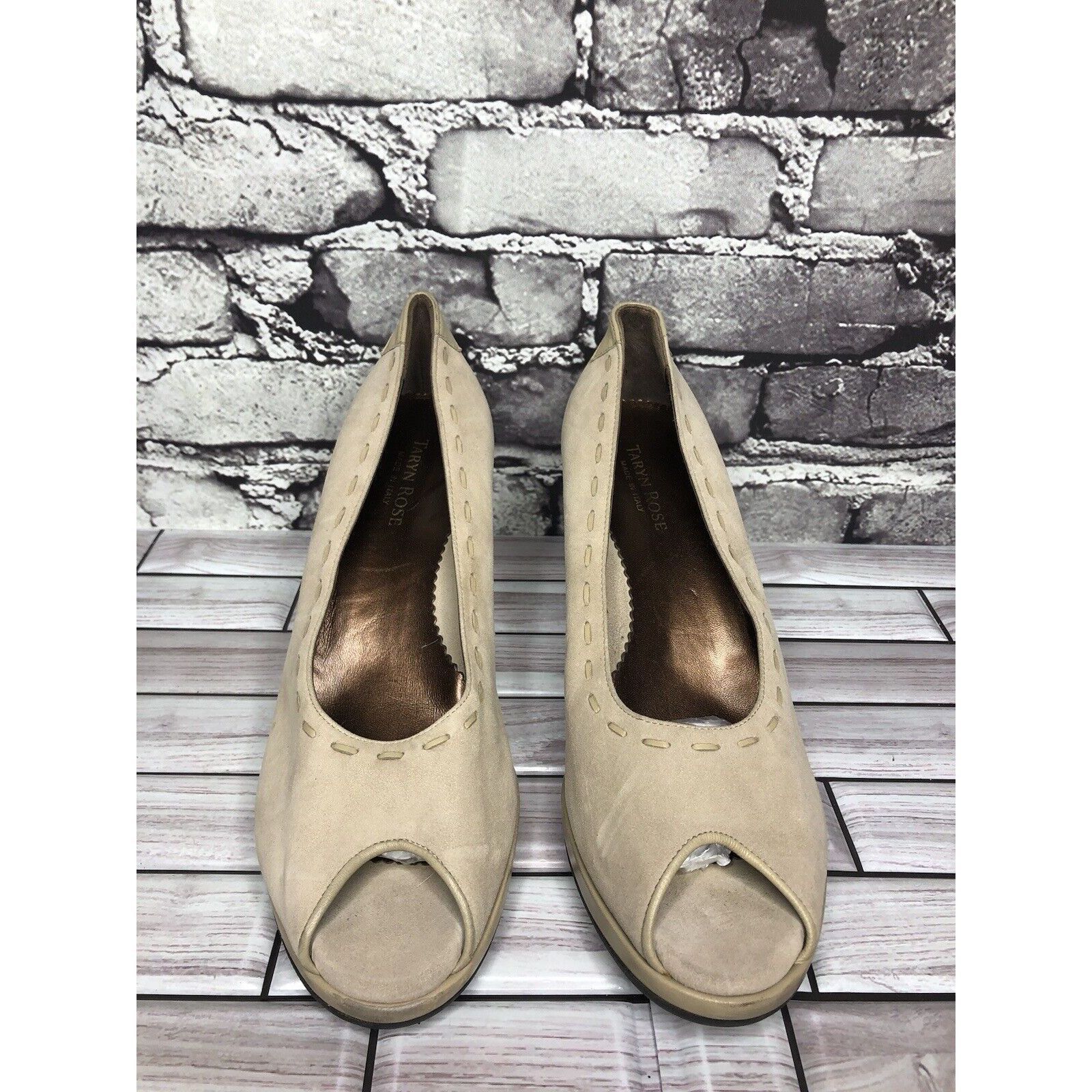 Other Taryn Rose Beige Suede Leather Peep Toe Dress High Wedges Wo Size US 9 / IT 39 - 22 Thumbnail