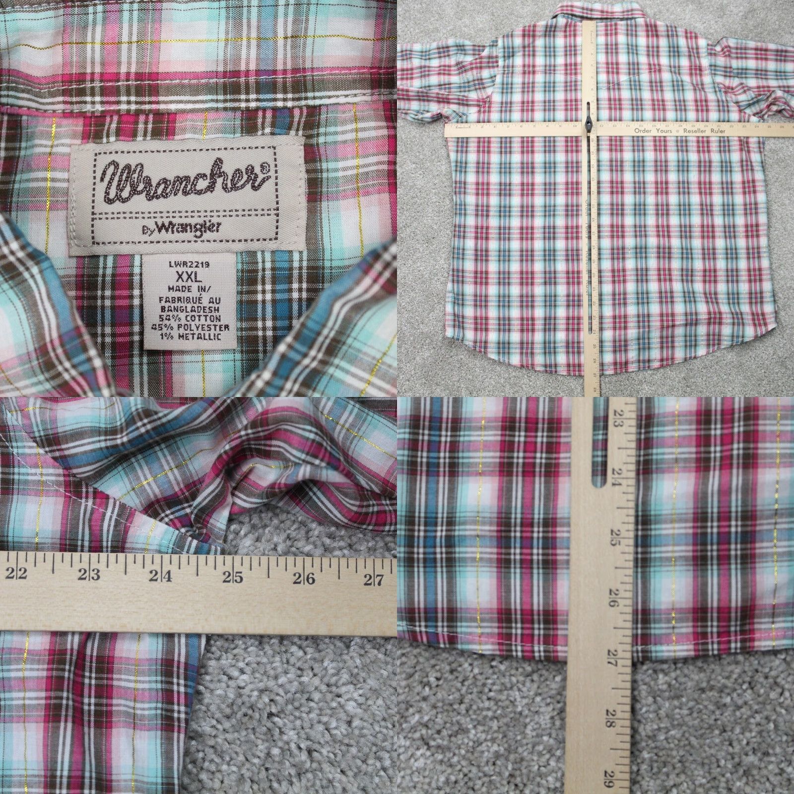Wrangler Wrangler Wrancher Pearl Snap Shirt Mens 2XL Pink/Blue w/Gold Metallic Strip Size US XXL / EU 58 / 5 - 8 Thumbnail