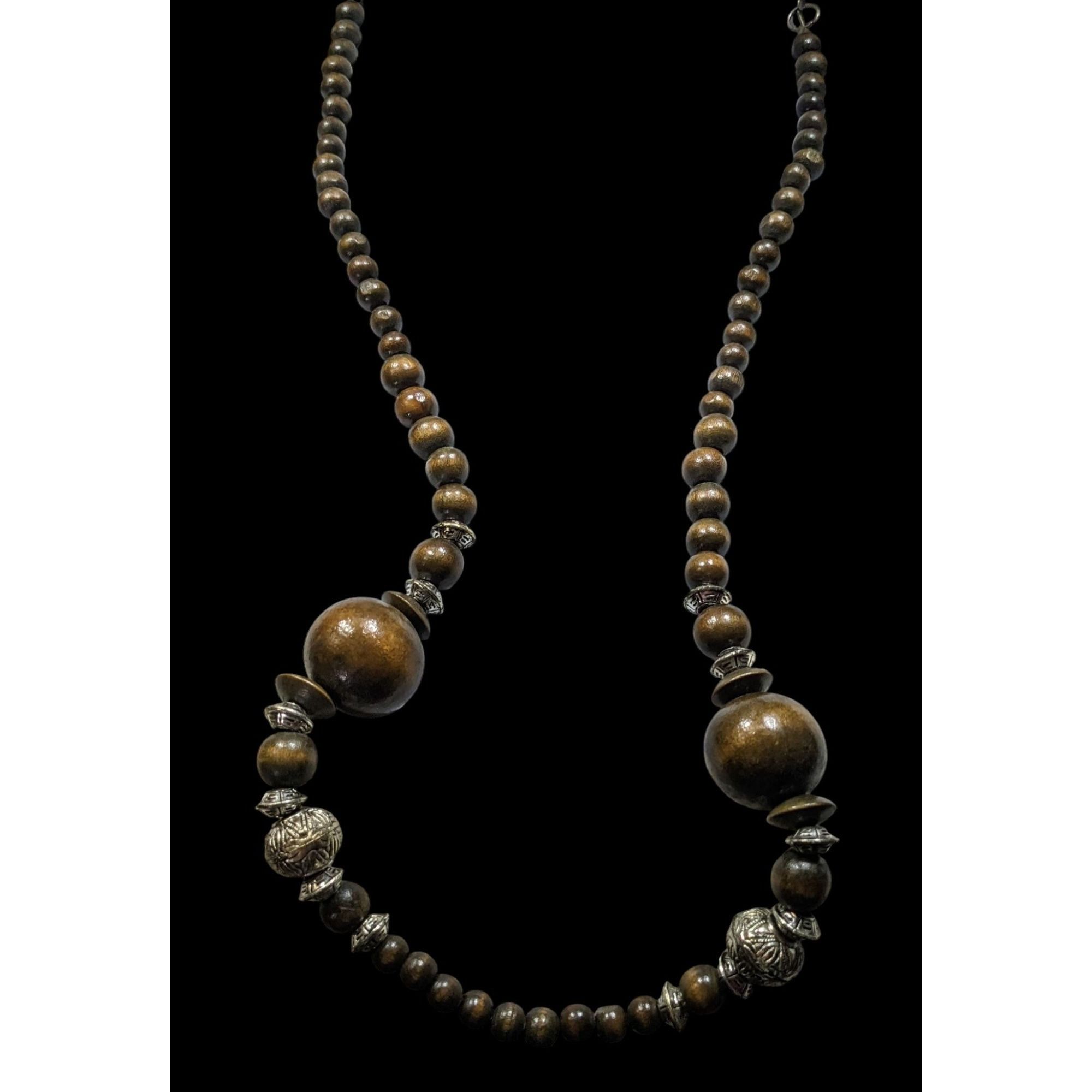 Other Vintage Wooden Beaded Necklace With Silver-Tone Accents & Ad Size ONE SIZE - 3 Thumbnail