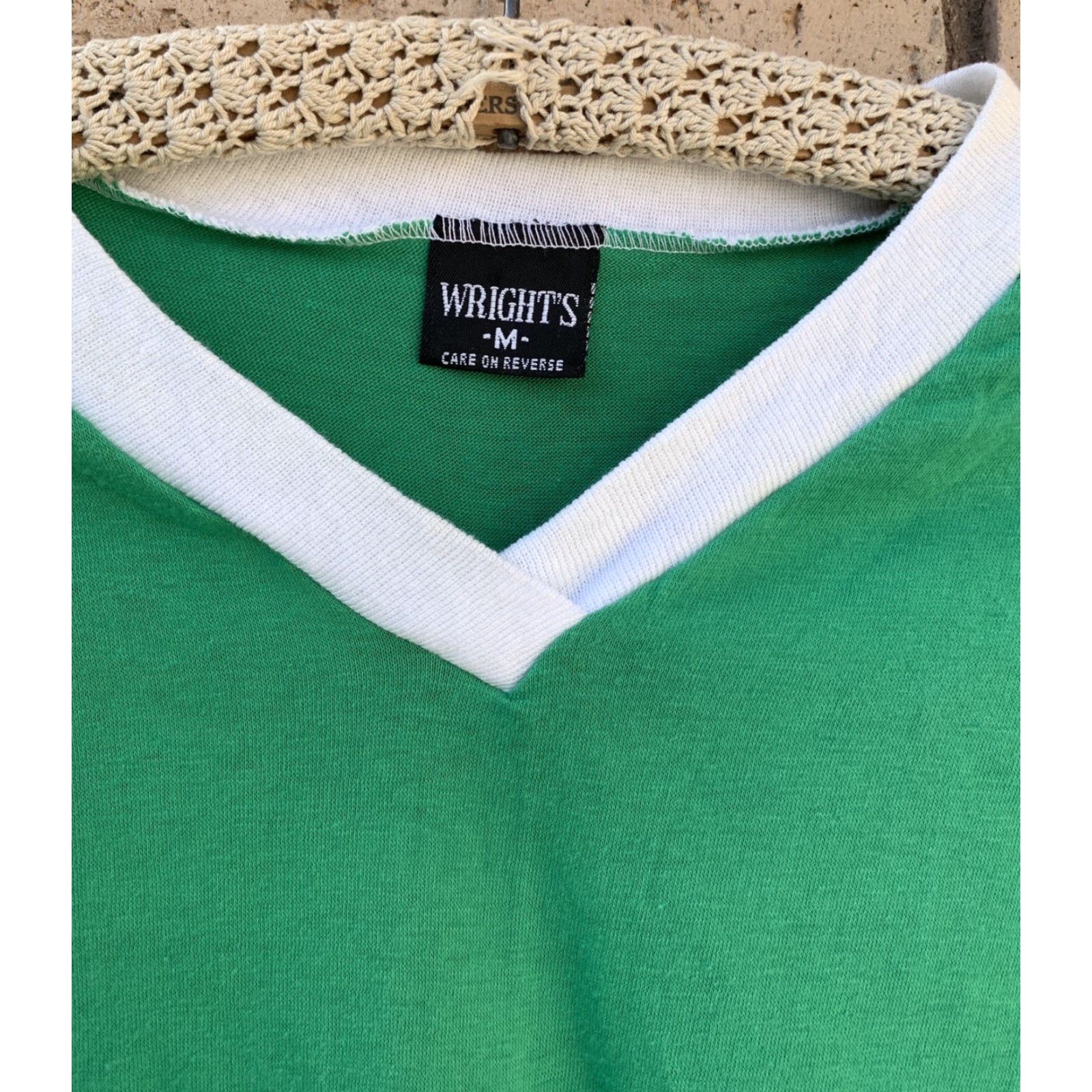 Vintage VINTAGE Wrights T Shirt Short Sleeve V Neck Ringer Tee Made In USA Size M Green Casual Mens Vintage 50% cotton 50% polyester) Size US M / EU 48-50 / 2 - 4 Thumbnail