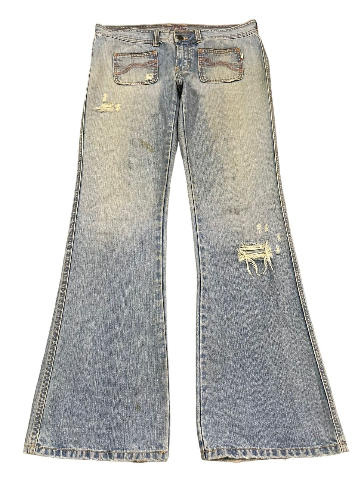 If Six Was Nine Vintage Japanese Brand Blue Wash Distress Flare Jeans Size US 33 - 1 Thumbnail