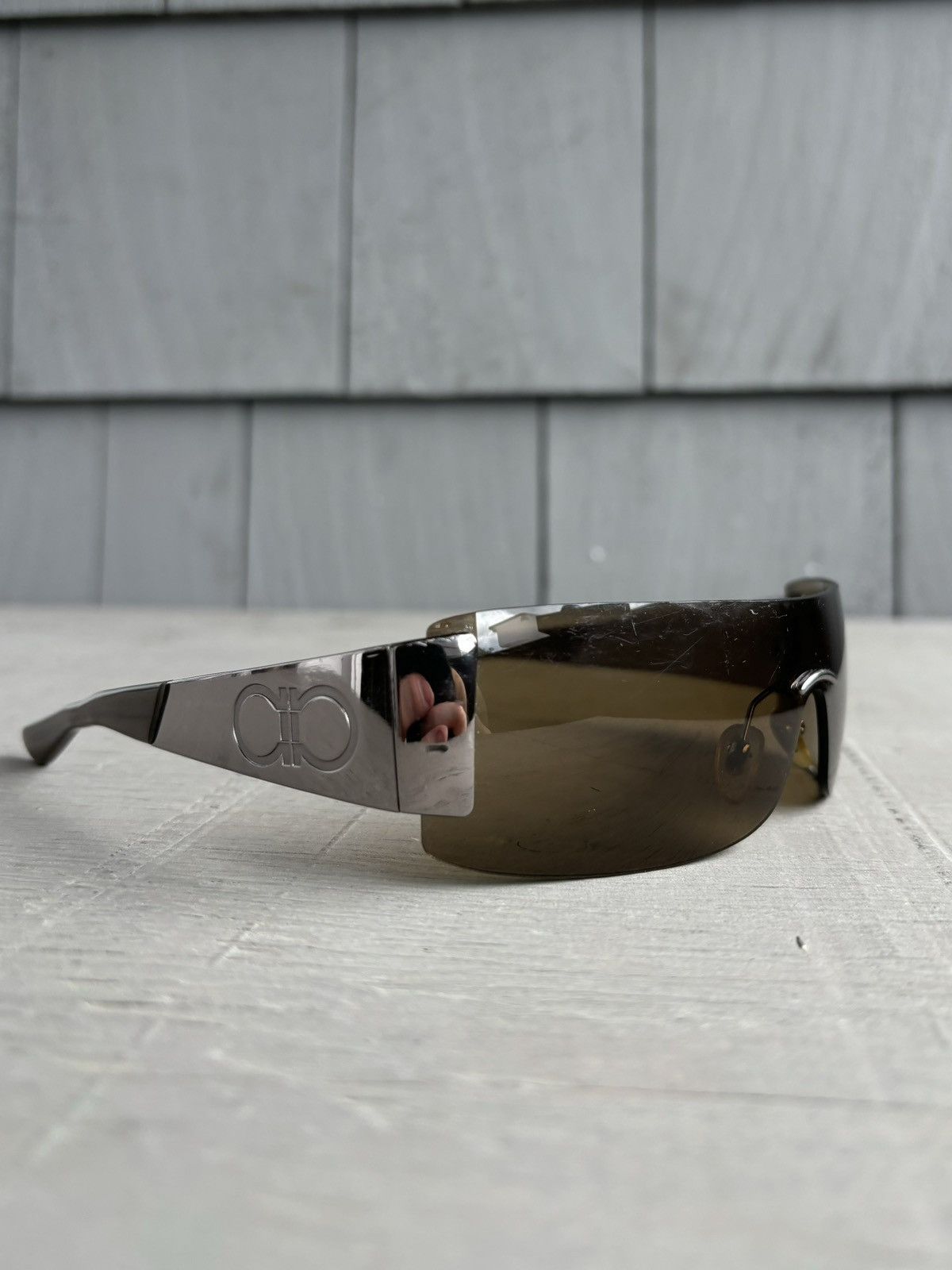 Designer × Salvatore Ferragamo × Vintage 2000s Ferragamo Sunglasses Y2K Rimless Shield Metal 1029 00s Size ONE SIZE - 2 Thumbnail