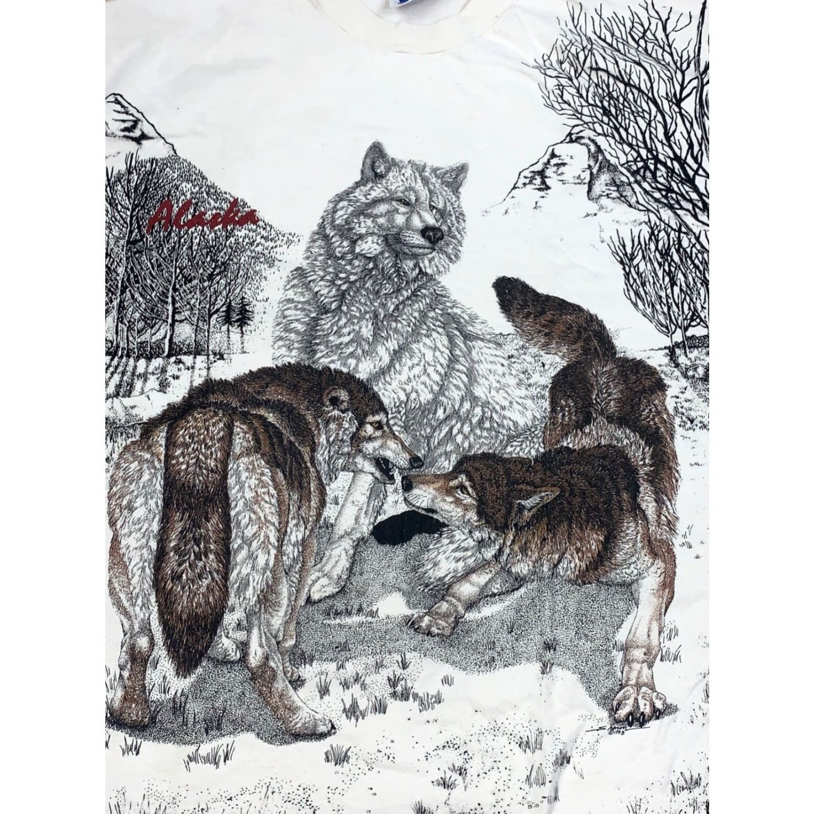 Hanes VINTAGE Alaska Wolf Shirt Mens L White AOP Nature Wilderness 90s Wolf Mens L White T-Shirt Regular Short Sleeve Nature Mens Size US L / EU 52-54 / 3 - 3 Thumbnail